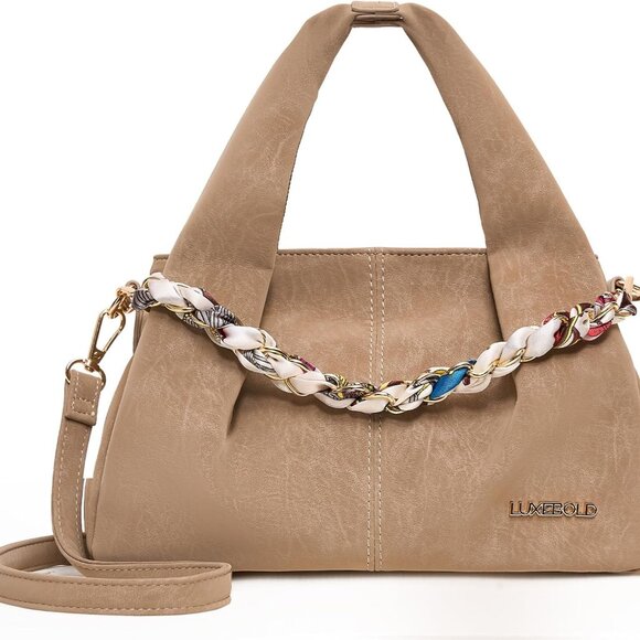 Khaki vegan leather top handle satchel bag with scarf chain decor, multifunction - Picture 1 of 6